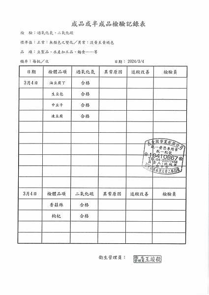 112學年下學期第4週--成品或半成品檢驗紀錄表