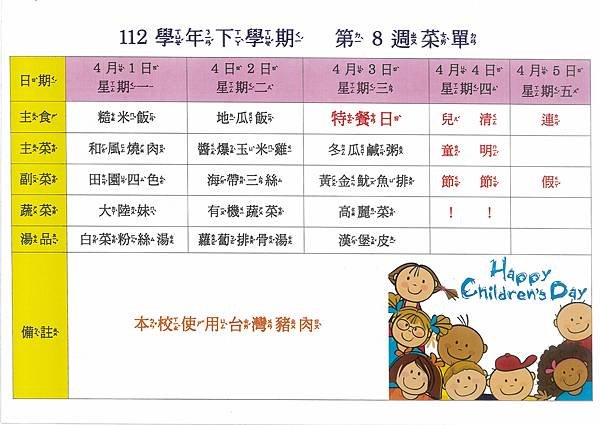 112學年下學期 第8週菜單