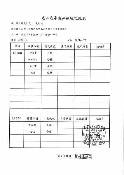 112學年下學期第11週--成品或半成品檢驗紀錄表