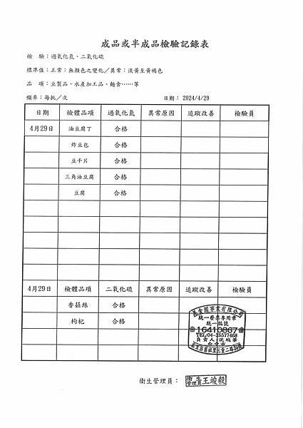 112學年下學期第12週--成品或半成品檢驗紀錄表