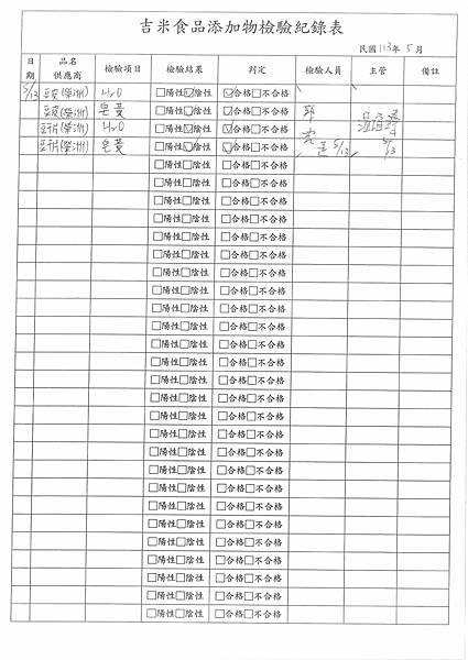 12學年下學期第14週--食品添加物檢驗紀錄表