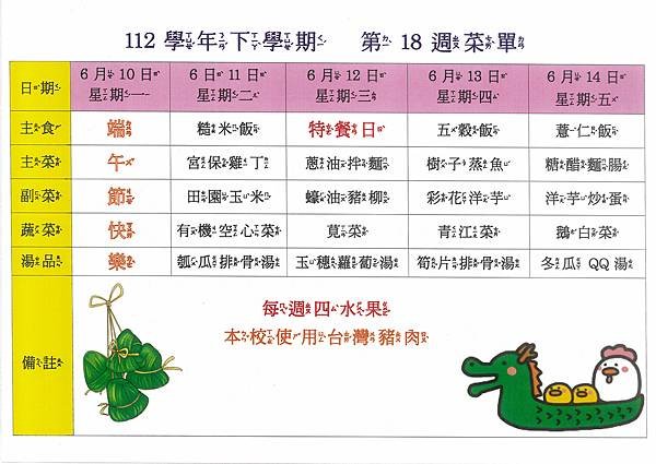 112學年下學期 第18週菜單