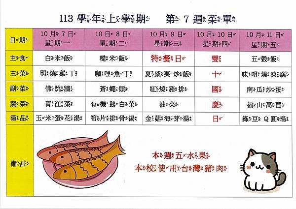 113學年上學期 第7週菜單