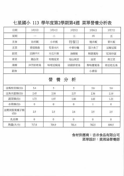 113學年下學期 第4週菜單