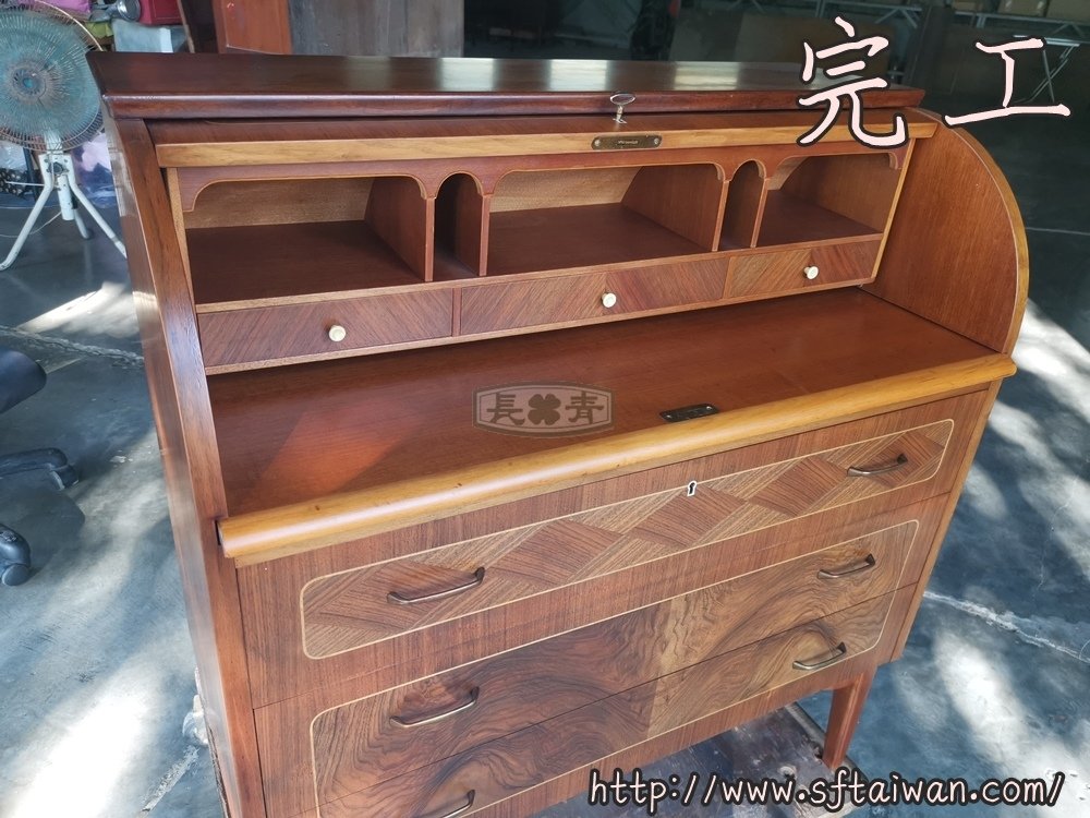 丹麥老件弧形捲蓋寫字桌漆面悽慘整修
