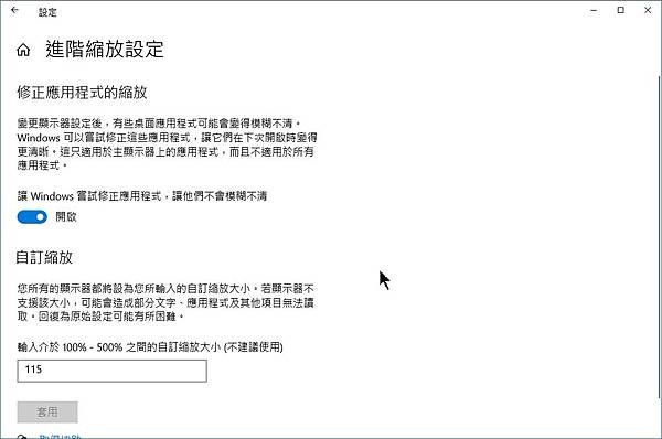 設定視窗ー進階縮放設定