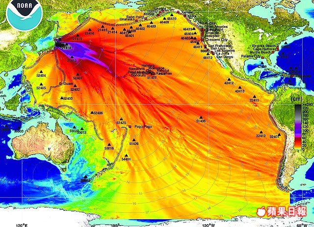 日本9.0大地震．海嘯高度圖．2011年3月11日