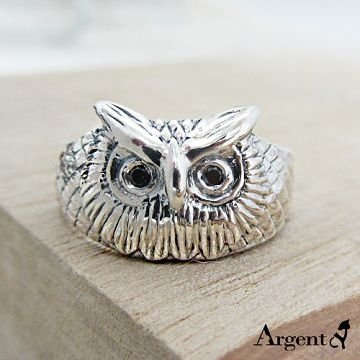 【ARGENT安爵銀飾精品】動物系列「福氣貓頭鷹(黑眼)」純銀戒指(無染黑款)