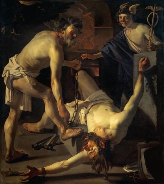 被伏爾甘鍊起的普羅米修斯Vulcan Chaining Prometheus_巴比倫 Baburen, Dirck van.jpg