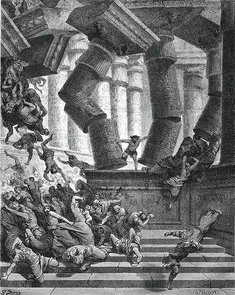 參遜赤手推倒廟柱 Samson in Dagon Temple_德里 Gustave Dore.jpg