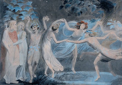 和精靈跳舞的波頓.蒂塔妮亞與帕克Oberon, Titania and Puck with Fairies Dancing_布雷克 William Blake.jpg