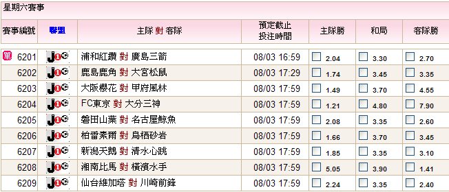 08.03日本職業聯賽賽事表