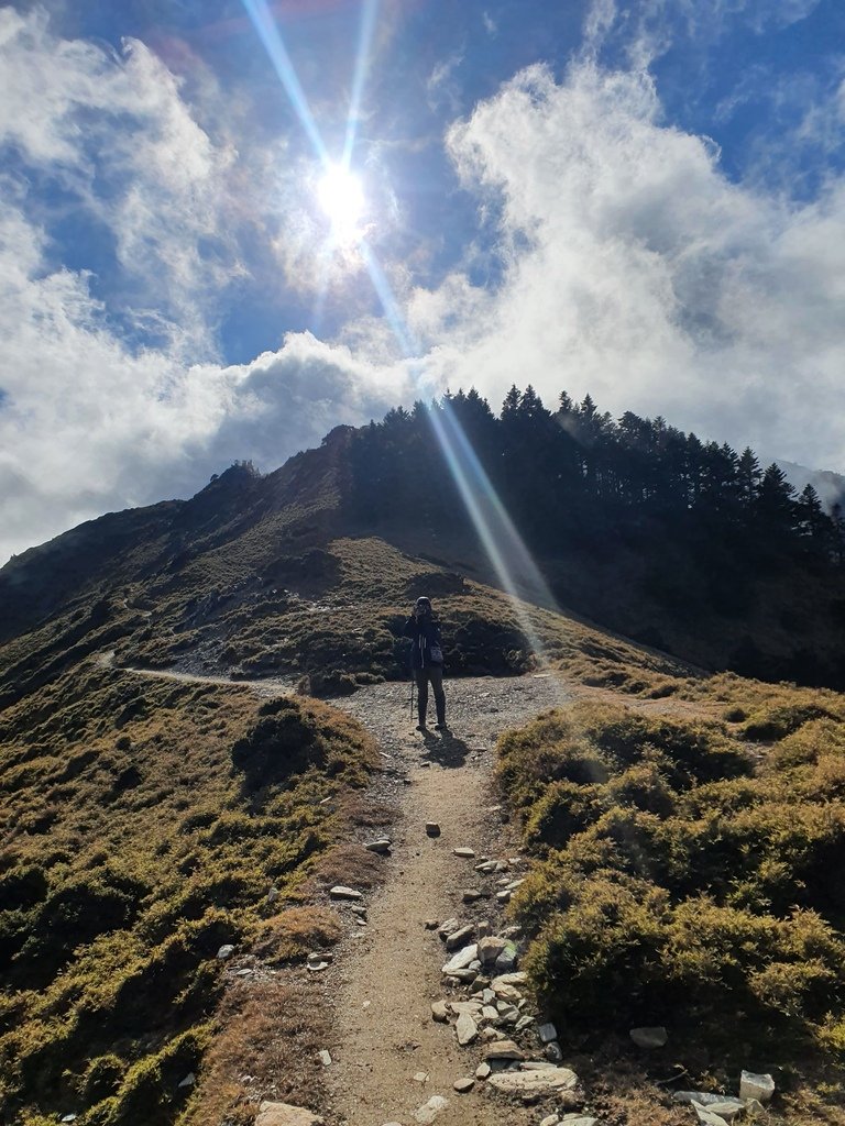 從嘉明湖回程下山，庭羽不停地幫我們拍照記錄~