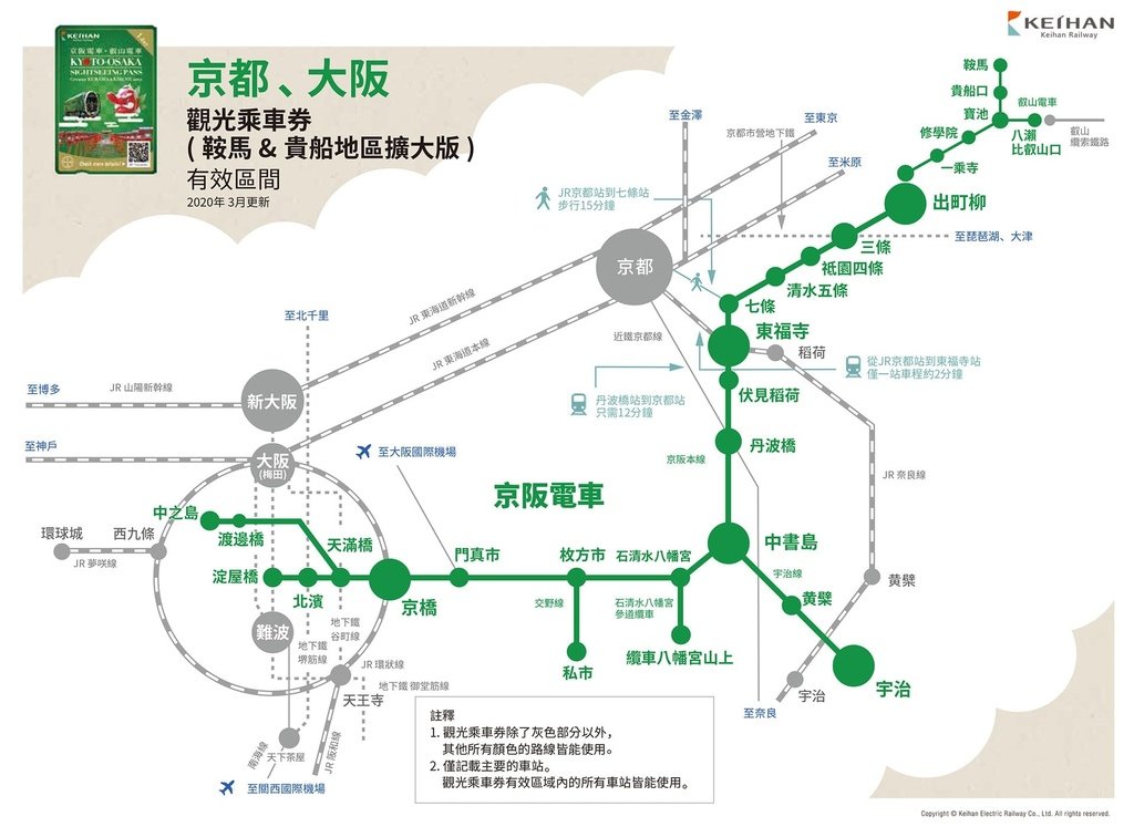 京都、大阪觀光乘車券(鞍馬&amp;貴船地區擴大版)可以搭乘的地圖