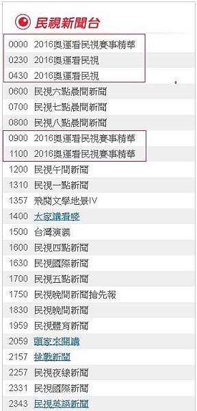 2016奧運直播轉播賽程民視8/8(一)節目表882