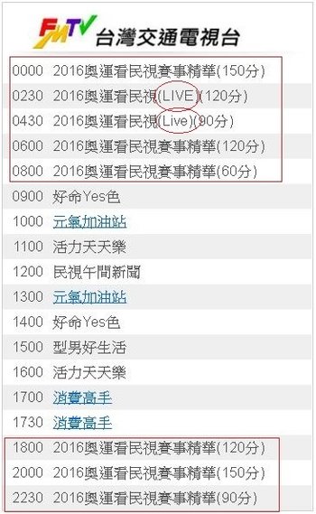 2016奧運直播轉播賽程民視8/8(一)節目表883