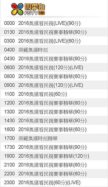 2016奧運 直撥轉播 賽程滑代表隊8942016奧運直播轉播-民視8/9(二)節目表