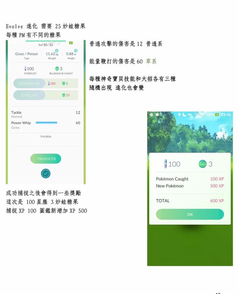 Evolve 進化需要25顆糖果  每種PM有不同的糖果  普通攻擊傷害是12  屬性是 普通系  能量鞭打的傷害是60 屬性是 草系  每種神奇寶貝 寶可夢的技能和大招各有三種  隨機出現 進化也會變    成功補捉到之後會有一些獎勵  這次是 100星塵 3 妙蛙糖果  捕捉  XP 100 圖鑑新增加 XP500