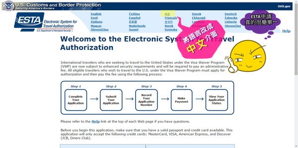 ESTA美國當局觀光授權電子系統首頁