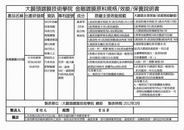 金剛鍍膜3000型原料規格效能保養說明書