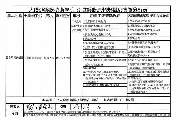 大膜頭鍍膜技術學院 黃金甲3C鍍膜效能說明表