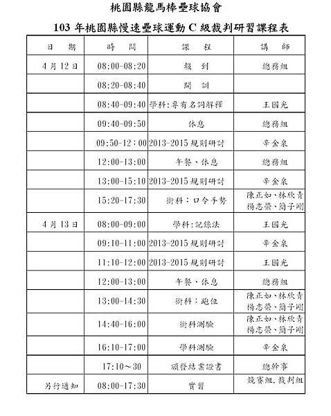 龍馬慢壘C級裁判研習課程表