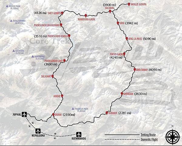 Dolpo circuit trekking map_with altitude