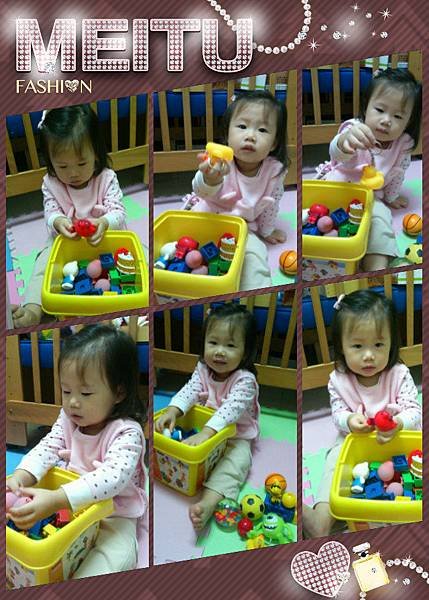 2013.11.26。2歲2個月又17天。這桶像是哈妮的百寶箱，裡面裝了哩哩扣扣一堆玩具，哈妮好愛在這桶裡尋寶玩玩-1