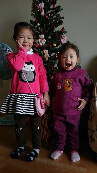 2015.12.09。(4歲3個月)(2歲5個月又17天)。外婆買了新衣服給哈妮愛妮，孩子們很喜歡，立馬說要試穿-2