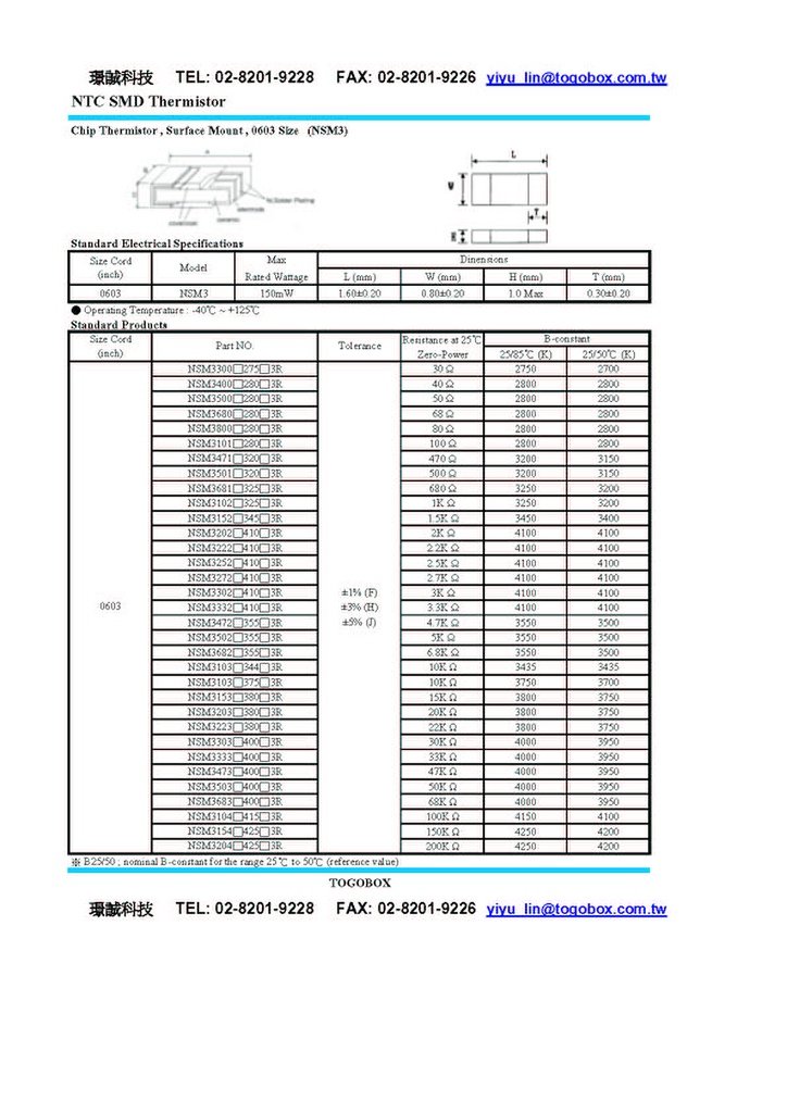 NTC SMD 0603 熱敏電阻