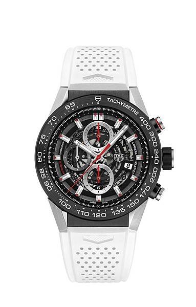 TAG Heuer Carrera Heuer 01計時碼錶白色橡膠錶帶款，建議售價NT$176,700（白底）