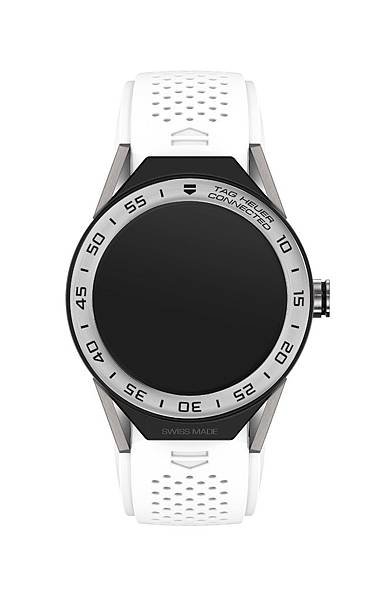 TAG Heuer Connected Modular 45 智能腕錶白色橡膠錶帶款，建議售價NT$37,500（白底）