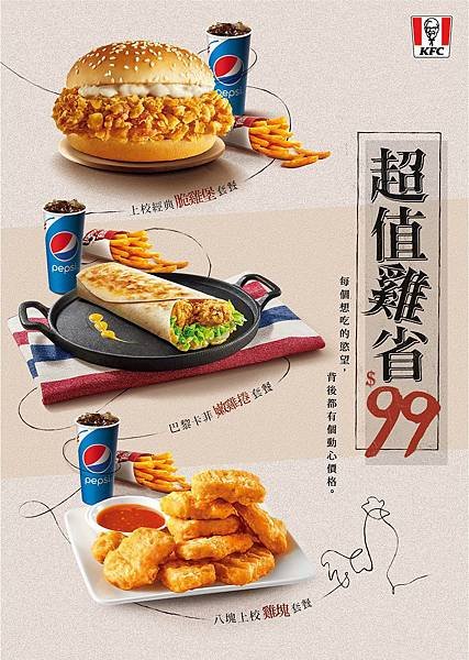 【圖一】肯德基推「超值雞省$99」，百元有找即可享主餐、配餐及飲料的超值搭配.jpg