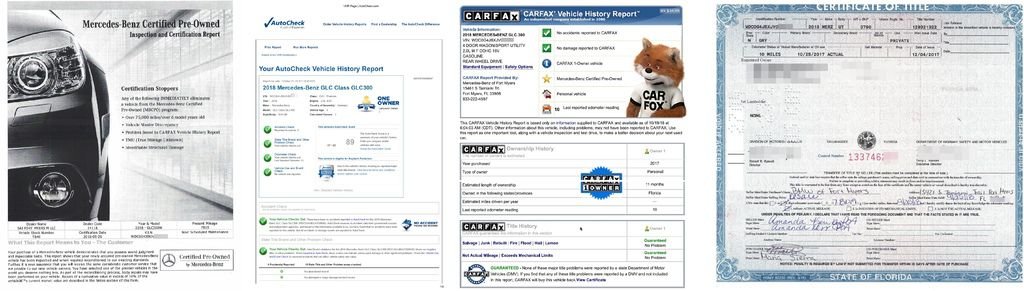 Car2TW在美國有分公司會有專人檢查外匯車車況， 和美國車商進行議價看看能不能再為客戶再省一些費用，當然還有代購外匯汽車文件處理， 其中等待文件就就有可能會用上1-6星期，因為有的車商比較嚴謹，在文件流程上會比較多一些， Car2TW會提供這台車的美國報告例如CARFAX或是AUTOCHECK，還有車子的車主證（ Title）， 下圖為2018 BENZ GLC300外匯車的CARFAX及AUTOCHECK及車主證（ Title）及賓士CPO文件照片
