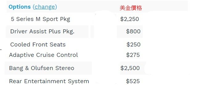 選配：5系列M運動套件 美金價格$2250、駕駛員輔助套件 美金價格$800、冷卻前座椅 美金價格$250、  自適應巡航控制 美金價格$275、Bang＆Olufsen立體聲 美金價格$2500、後方娛樂系統 美金價格$525.