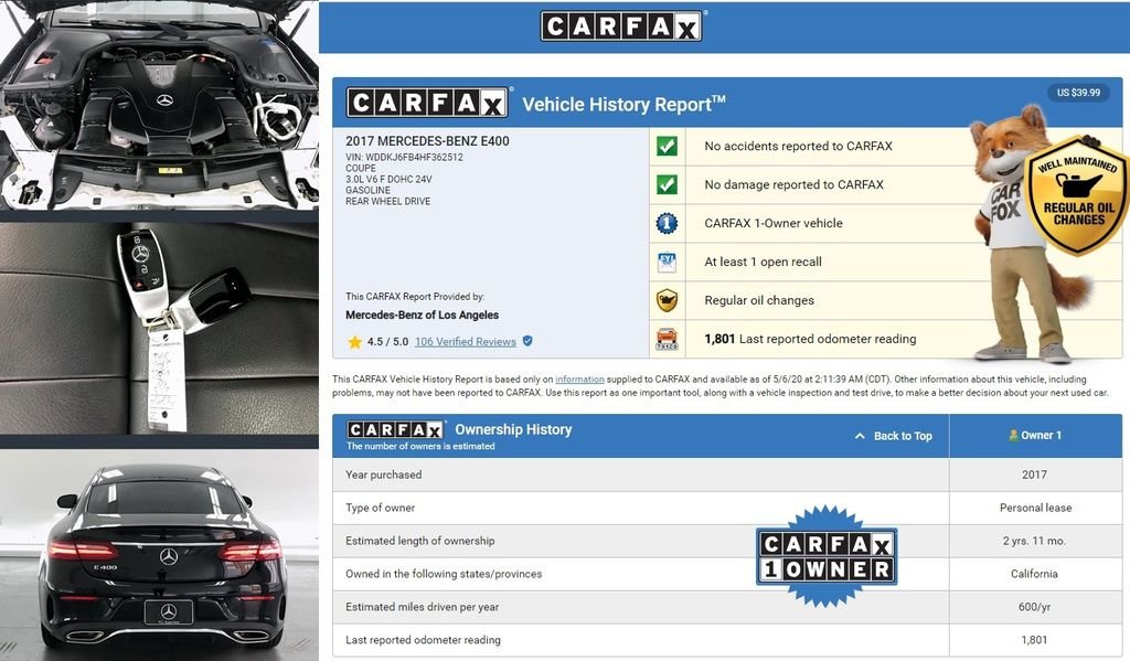 從CARFAX可以看到這台車是第一手車,沒有事故報告及損壞紀錄，這台2018 賓士 E400 coupe是屬於個人租賃，加上車主都有定期保養是台車況不錯的車喔！