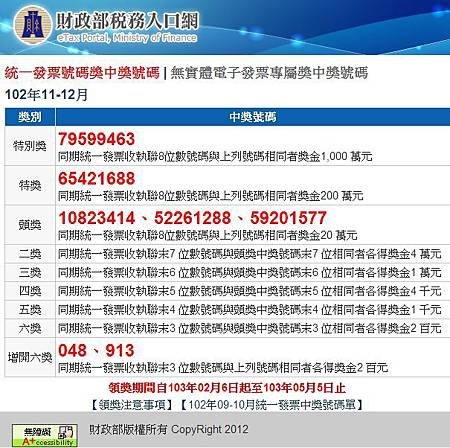 102年11-12月統一發票號碼獎中獎號碼無實體電子發票專屬獎中獎號碼