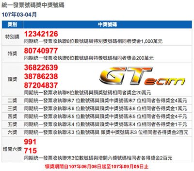 [統一發票] 中獎號碼 107 年 3、4 月