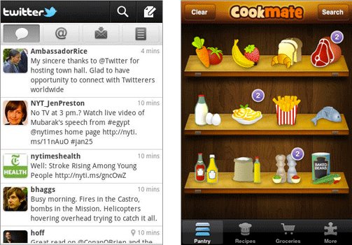 Twitter與Cookmate兩款應用的介面對比