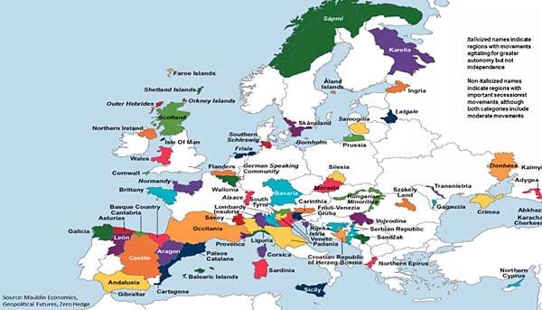 European regions allegedly seeking independence from the host states.