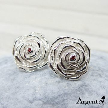 【ARGENT安爵銀飾精品】花朵系列「紅心玫瑰(紅鑽)(無染黑款)」純銀耳環(耳針款)