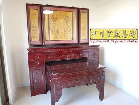 N27710.七尺神桌 桶型佛桌 雙龍雕刻關聖帝君木雕神聯 百福百壽雕刻.JPG