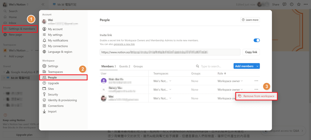 【教學】解決 Notion 不能把 Member 移除 Te