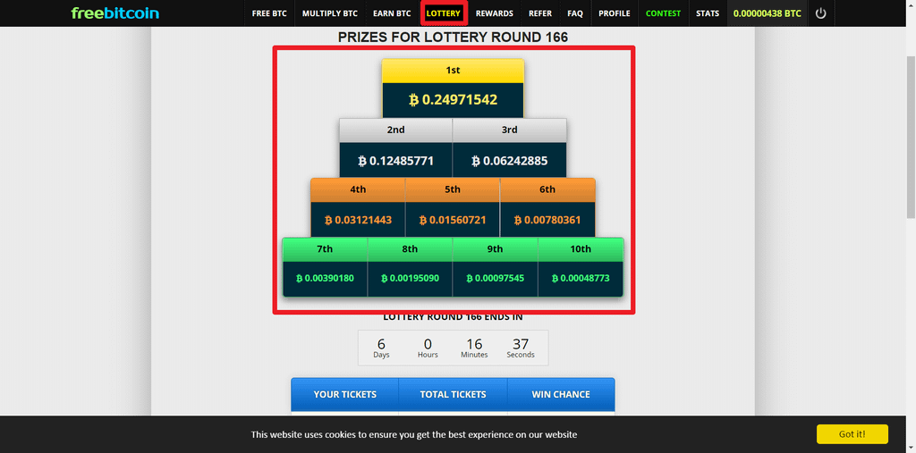 freebitcoin參加每週一次的樂透開獎,有機會獲大獎