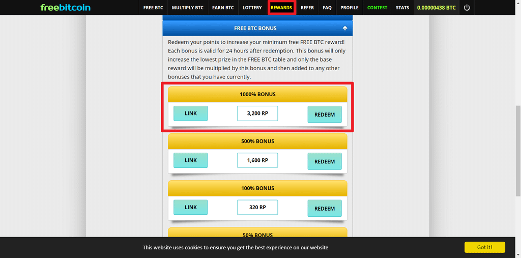 freebitcoin網站RP點數換10倍比特幣獎勵
