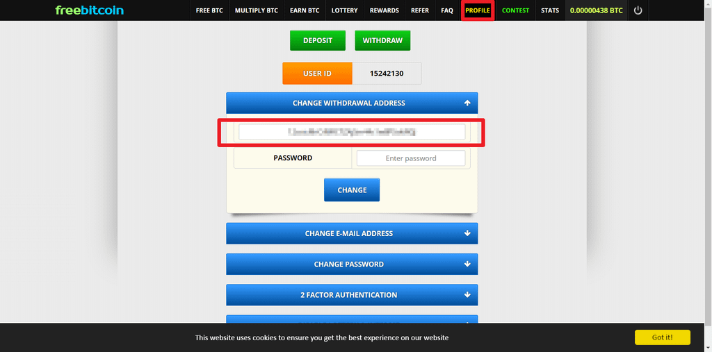 freebitco.in出金比特幣錢包位址設定