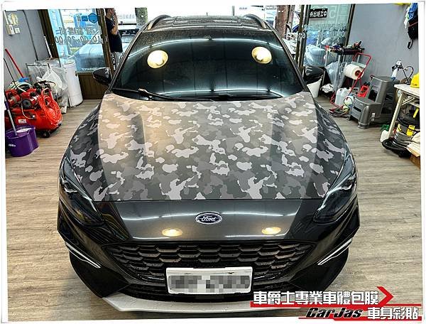 車爵士車體包膜車身彩貼-FORD FOCUS 黑迷彩引擎蓋彩貼