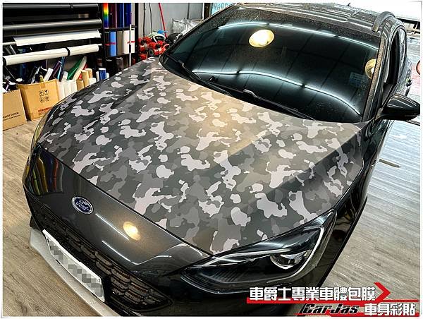 車爵士車體包膜車身彩貼-FORD FOCUS 黑迷彩引擎蓋彩貼