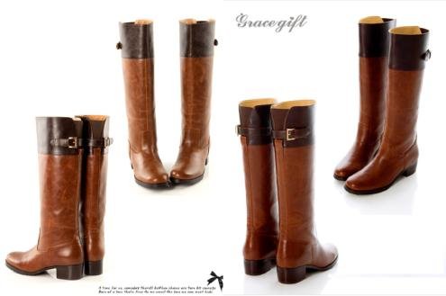 Grace gift 英倫氣質~雙色拼接金釦修身長靴 棕 $1980-0005.JPG