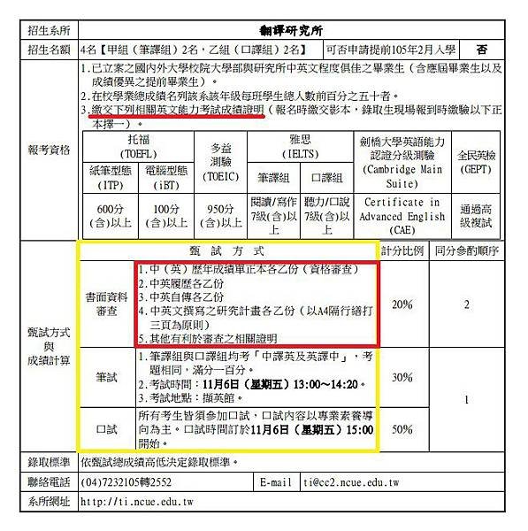 105學年度翻譯所推甄簡章